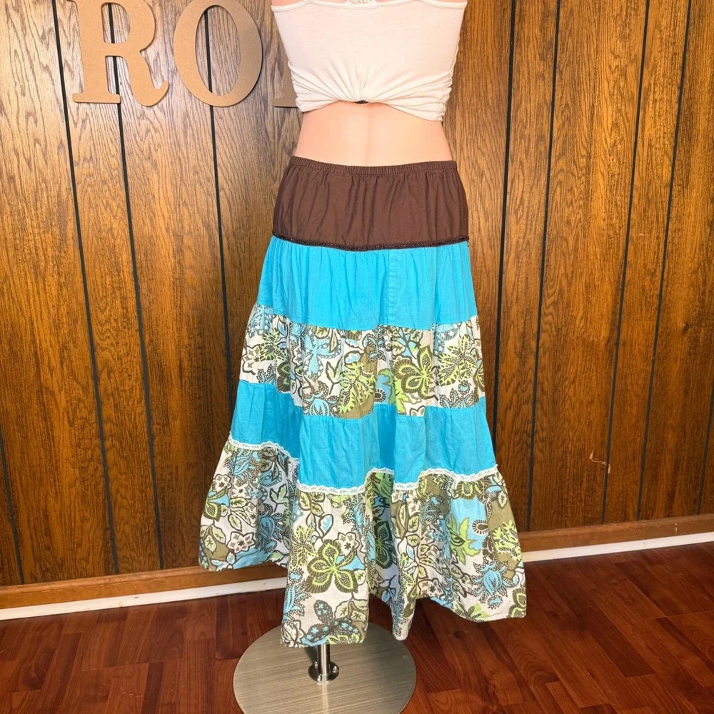 Cato Maxi Skirt Women L Blue Brown Floral Tiered Cotton Boho Western Cottagecore